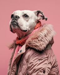 A fashionable Bulldog dog posing as a stylish model, dressed classy, chic and elegant