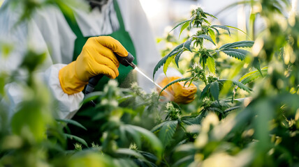 Person in gloves caring for cannabis plants in a greenhouse, focusing on plant health and cultivation. - obrazy, fototapety, plakaty