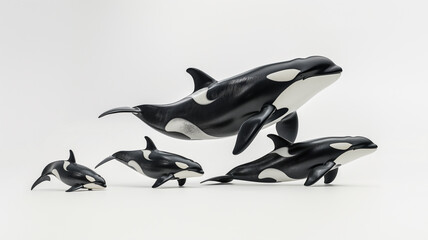 Four orca figures in different sizes, showcasing a dynamic family composition, against a seamless white background.