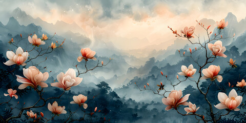 Serene Magnolia Blossoms Amidst the Grey-Black Forest Landscape: A Scene of Tranquility and Romance