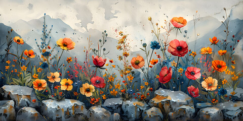 Serene Wildflower Garden Amidst Grey Rocks - Watercolor Texture - obrazy, fototapety, plakaty