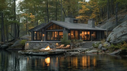 Obraz premium Rustic Cabin Cooking: Stone Fire Pit Grill in the Woods, generative ai