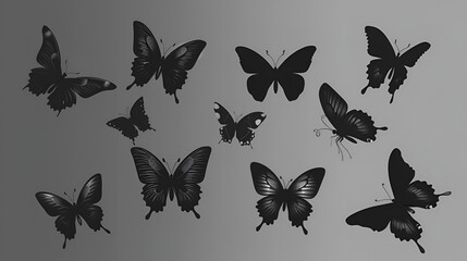 Flying butterflies silhouette black set isolated on transparent background, generative ai