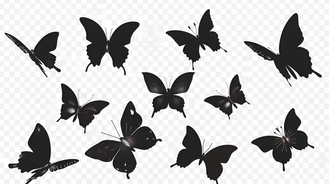 Flying butterflies silhouette black set isolated on transparent background, generative ai
