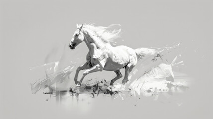 A white horse is running swiftly through a snow-covered landscape, leaving behind a trail of hoof prints in the glistening snow