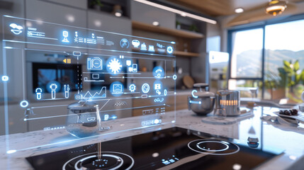 A kitchen featuring a sleek glass counter top and a stove top oven, showcasing a contemporary and functional design - obrazy, fototapety, plakaty