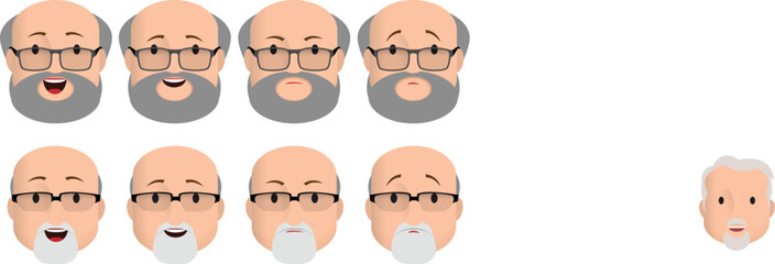 Faces icons. Old man character with different emotions. men's faces express joy, sadness, smile, discontent, boredom. Avatar for social networks, applications, web. Vector illustration