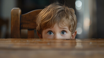 Five year old little cute boy hiding behind a table, generative ai