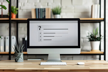 Interactive Online Quiz Display on Computer Screen with Backdrop of Blurred Bookshelf