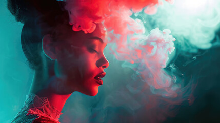 A woman with smoke billowing from her head, symbolizing stress or anger in a conceptual manner