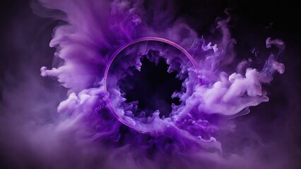 Circular Purple Smoke explodes outward, with dramatic smoke or fog effect with a scary Dark background - obrazy, fototapety, plakaty