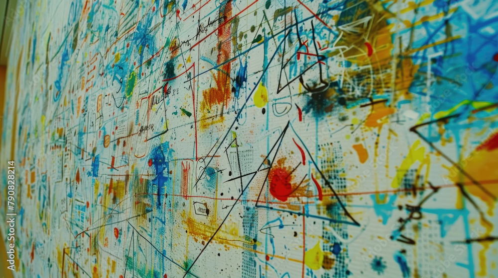 Poster a wall completely covered in an array of different colored paints in a chaotic yet artistic display