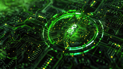 A green circuit board with a lock mechanism attached, illustrating security and protection measures in electronic systems
