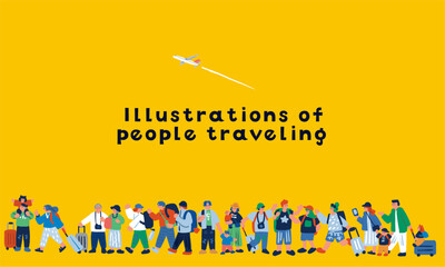 旅行する人々のカラフルな手描きイラスト

