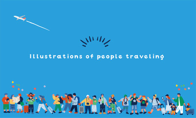 旅行する人々のカラフルな手描きイラスト
