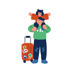 肩車をする親子とスーツケースの手書きイラスト
