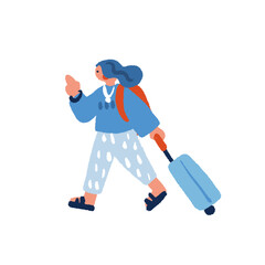 スーツケースを持って歩く女性の手描きイラスト
