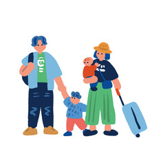 家族旅行に出かける親子のシンプルでカラフルな手描きイラスト
