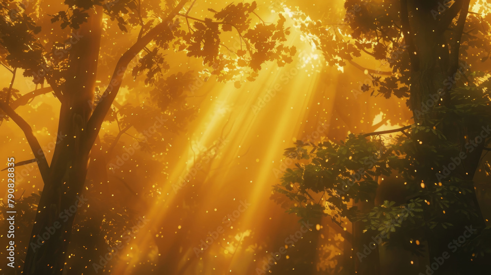 Poster direct sunlight from the sun shining through the lush canopy of trees in the forest, creating a dapp