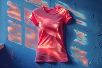 A pink pastel color of woman T shirt design isolated on a blue pink background for fashion ads marketing or shop with Marketing Concept art design. Generative AI.