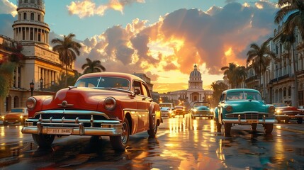 Colorful Vintage Cars on Havana Streets, generative ai