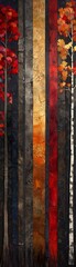 A painting of trees with red leaves and brown and black stripes