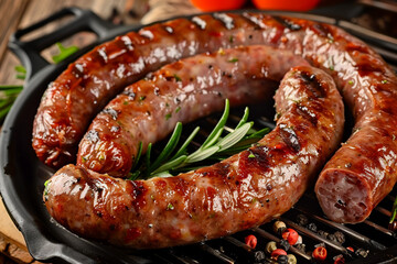 Food illustration, gourmet prepared short beef sausage, served on a wooden board, close-up view, restaurant menu, ideal food for beer.