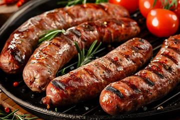 Food illustration, gourmet prepared short beef sausage, served on a wooden board, close-up view, restaurant menu, ideal food for beer. - obrazy, fototapety, plakaty