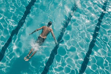 Aerial Top View Male Swimmer Swimming in Swimming Pool, swimmer swimming in the pool, swimmer in the pool, swimming, athletes, sports swimmer