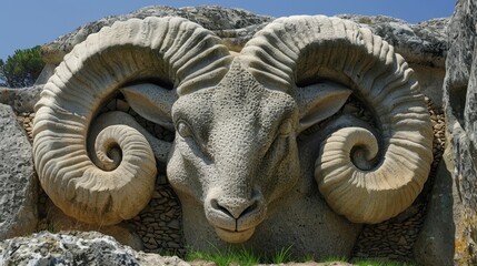A large sculpture of a ram with horns and a face - obrazy, fototapety, plakaty
