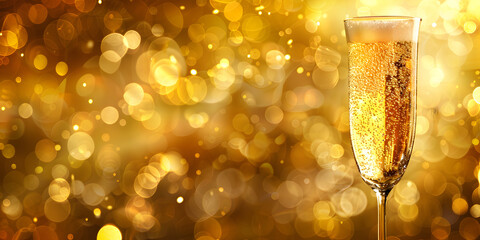   Glasses of champagne at end of year celebration on yellow background , Glass with champagne on blurred yellow lights and glitter blurred background and wallpaper for New years eve celebration   