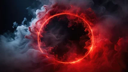 Fotobehang Circular Red Smoke explodes outward, with dramatic smoke or fog effect with a scary Dark background © Reazy Studio