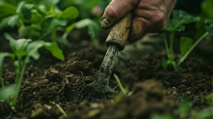 A close-up of a hand-held dibber making neat holes in the soil for planting, the earthy scent of freshly turned earth filling the air.