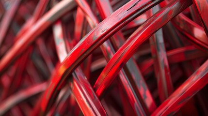 An abstract composition of twisted and bent steel rods, painted in a vibrant red, forming a dynamic and sculptural artwork.