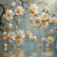 Grey Backdrop with Magnolia Tree in Full Bloom - Yellow Reflections and Empty Canvas for Design