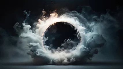 Fotobehang Circular White Smoke explodes outward, with dramatic smoke or fog effect with a scary Dark background © Reazy Studio