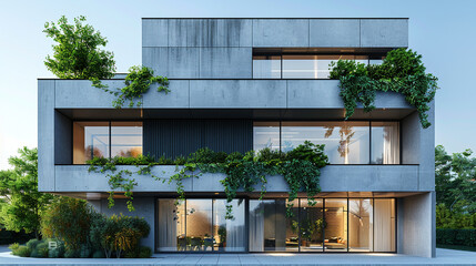 Fototapeta na wymiar A sleek, minimalist facade with large windows and integrated greenery.