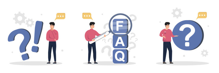 Frequently asked questions concept. The characters stand near an exclamation point and a question mark, ask questions and receive answers. People with disabilities. Vector illustrations set.