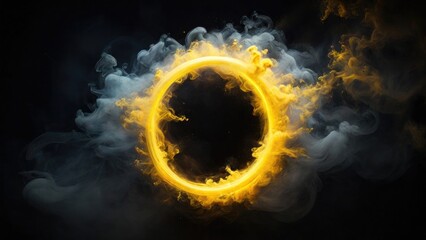 Circular Yellow Smoke explodes outward, with dramatic smoke or fog effect with a scary Dark background - obrazy, fototapety, plakaty
