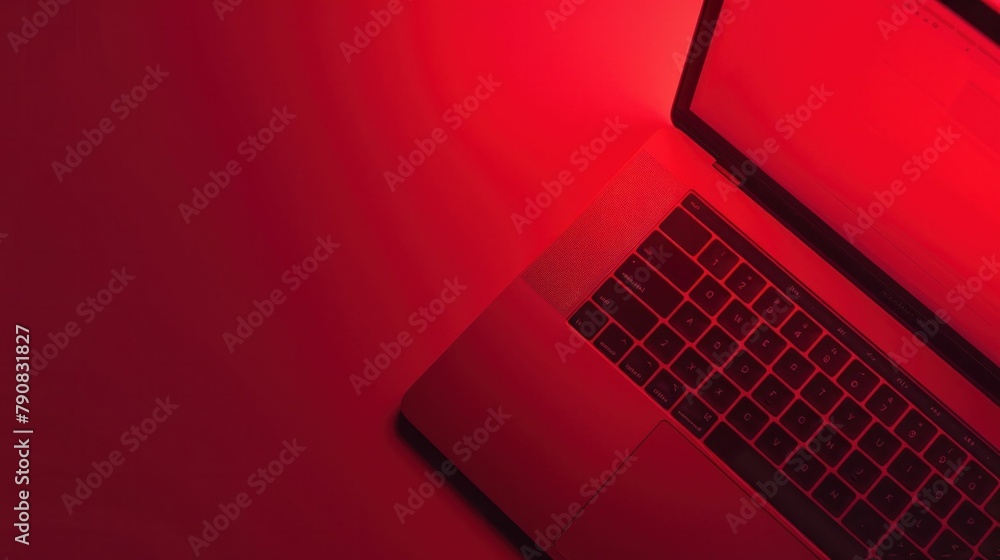 Poster modern laptop computer on vibrant red background with blank screen for copy space, top view perspect