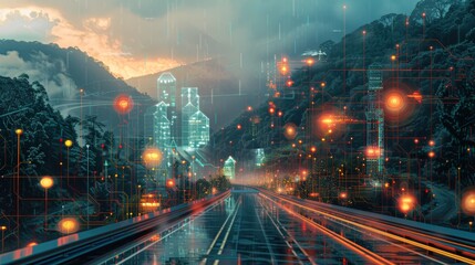 cityscape with futuristic glowing buildings and rain - obrazy, fototapety, plakaty