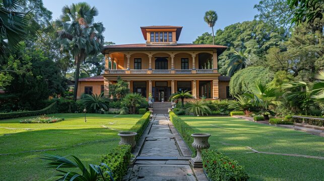 An old mansion with a beautiful garden