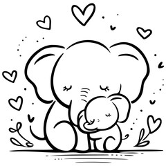 doodle of mom and baby elephant, Mom elephant and baby elephant cuddling close, surrounded by hearts