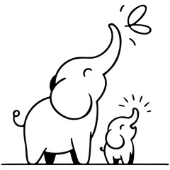 doodle of mom and baby elephant, Mom elephant and baby elephant trumpeting together in celebration