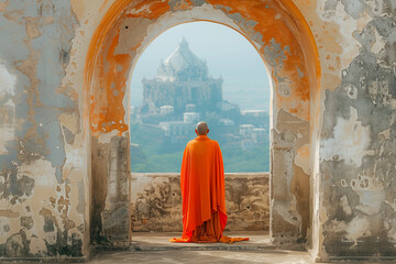 buddhist monk in the temple praying