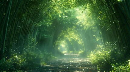 Fototapeta na wymiar Dappled Light on Bamboo Forest Pathway, generative ai