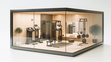 Sleek glass home gym with diverse equipment offers a serene space for a convenient and private fitness journey. generative ai illustration.