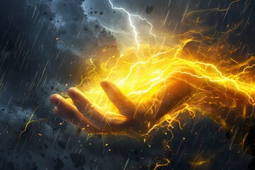 Hand Gripping Powerful Lightning Bolt. A close-up image of a hand, palm facing outward, firmly grasping a glowing yellow lightning bolt.
