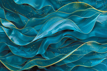Modern 3d Blue turquoise wavy lines and curves abstract water marine pattern background illustration with gold waves, lines, glitter, spot. Beautiful trendy surface glittery background. Vector design