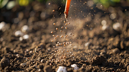 A close-up of a hand-operated seed spreader releasing tiny seeds onto freshly tilled earth, ready to sprout new life. - obrazy, fototapety, plakaty